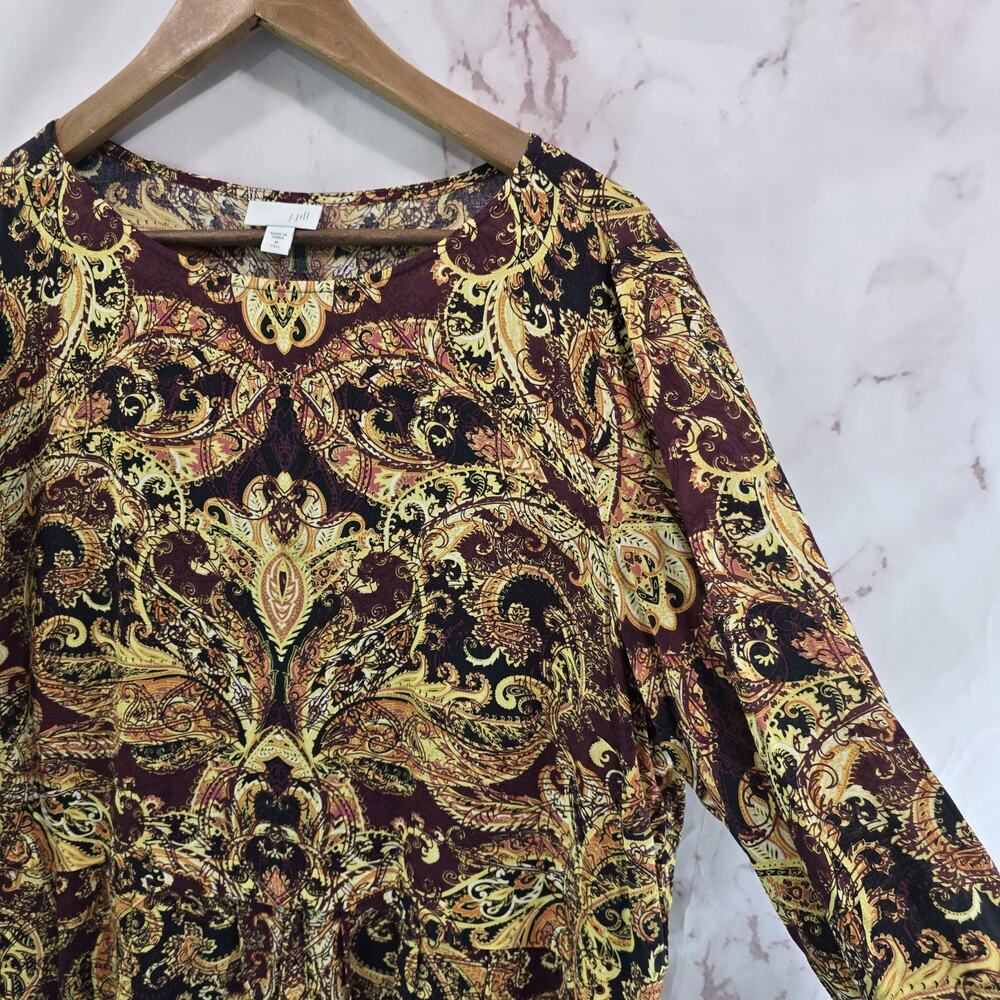 J Jill Shirt Womens Medium Tall Long Tunic Paisley Crepe Black Red Yellow